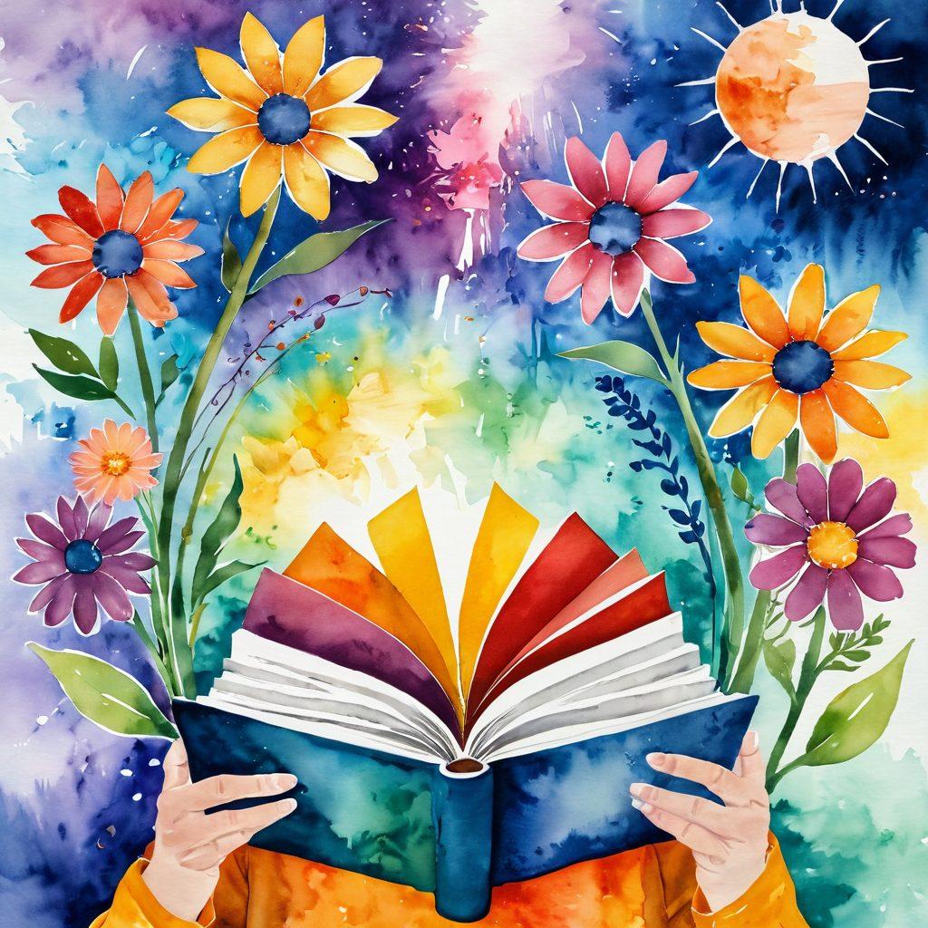 A powerful collage depicting the journey of a cancer patient, featuring a vibrant spectrum of emotions from diagnosis to survivorship. Include an open book symbolizing education, a diverse group of advocates supporting patients, and a blooming flower representing hope and resilience. Use soft, uplifting colors to evoke positivity and strength, with a soothing, abstract background. watercolor painting, vibrant colors.