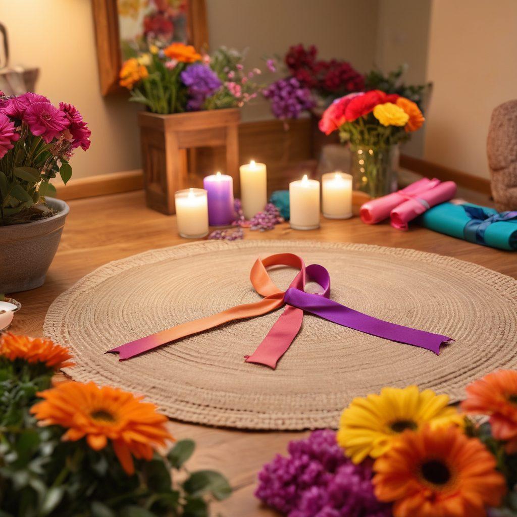 A compassionate gathering in a cozy community space, featuring diverse individuals sharing personal stories and support for cancer healing. Vibrant flowers and wellness items scattered around, representing lifestyle changes. A warm, inviting atmosphere with soft lighting showcasing connection and encouragement. Include elements of hope and healing, such as colorful ribbons and unity symbols. super-realistic. vibrant colors. soft focus.