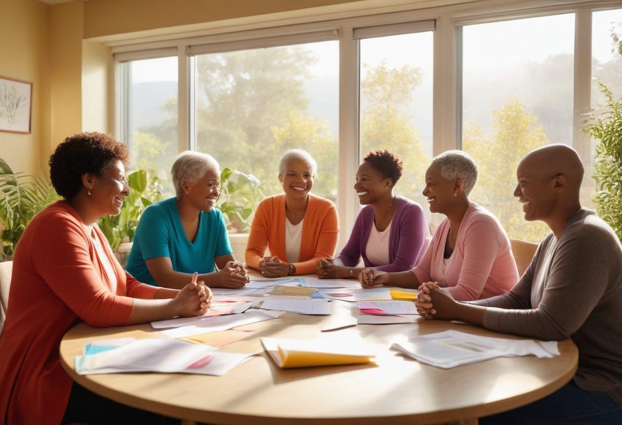 A serene and uplifting scene showcasing diverse cancer survivors in a support group setting, surrounded by soft sunlight filtering through large windows. They hold hands, share stories, and smile, with a table of colorful pamphlets on the latest cancer therapies in the foreground. Include a variety of plants in the background symbolizing growth and resilience. super-realistic. warm and inviting colors. vibrant background.